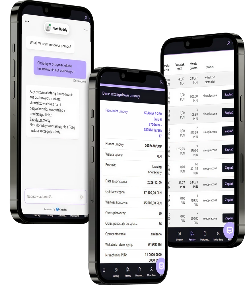 Portal Klienta Nest Lease na trzech telefonach: czat Nest Buddy, szczegóły umowy i lista faktur z płatnością
